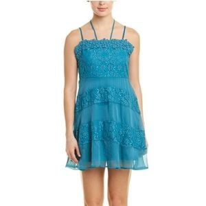 FOXIEDOX Anthropogogie Teal Blue Lace Mini Dress